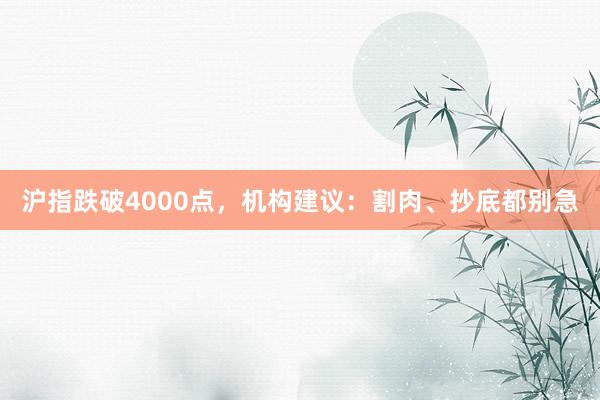 沪指跌破4000点，机构建议：割肉、抄底都别急